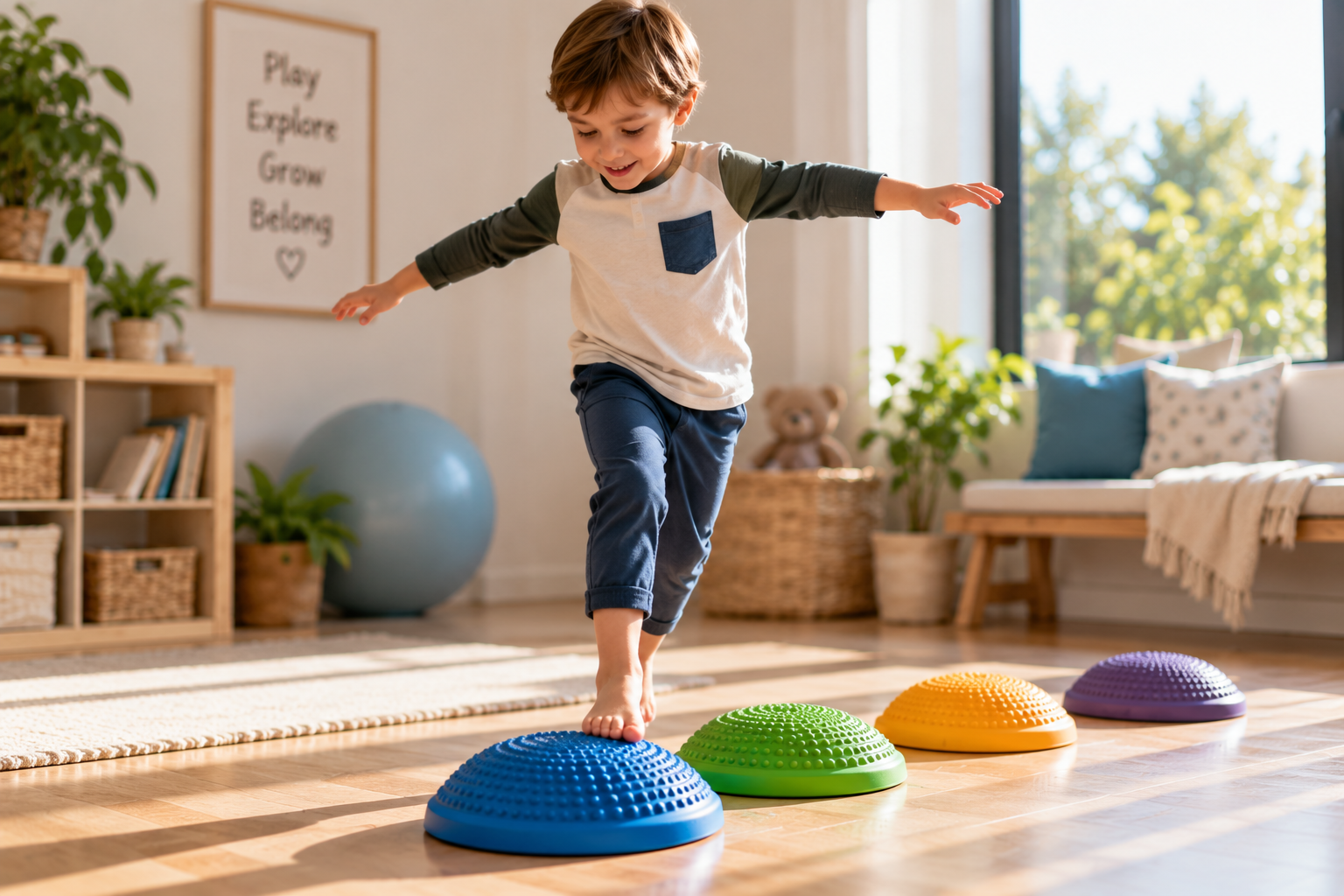 Child balancing across textured stepping pods