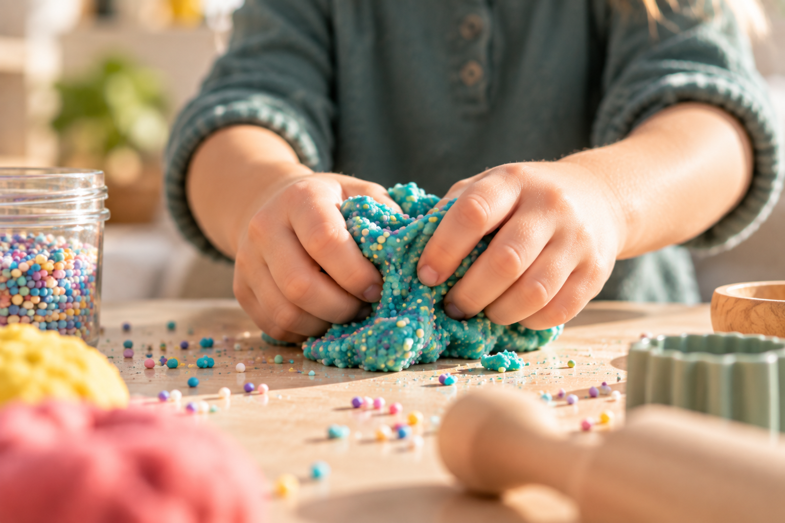 Child's hands exploring sensory putty