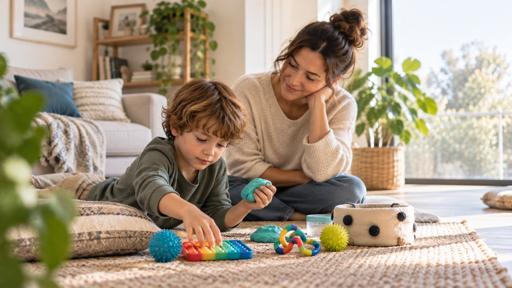 Parent watching a child explore sensory toys